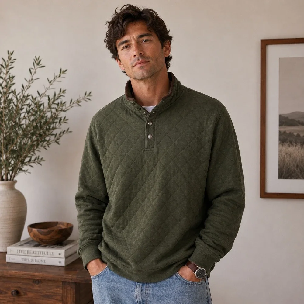 Wilkens Bros Heritage Collection Mens Large Olive Green Quilted Snap Pullover